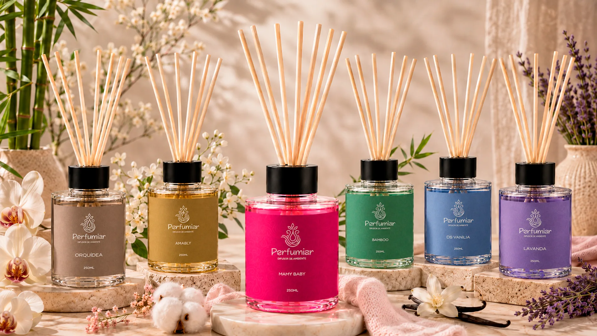 Linha de difusores Perfumiar em um ambiente iluminado