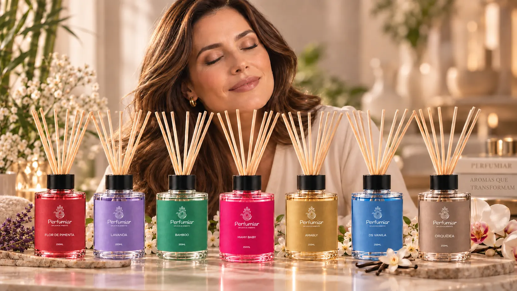 Mulher de olhos fechados sentindo o aroma, atrás da linha completa de difusores Perfumiar