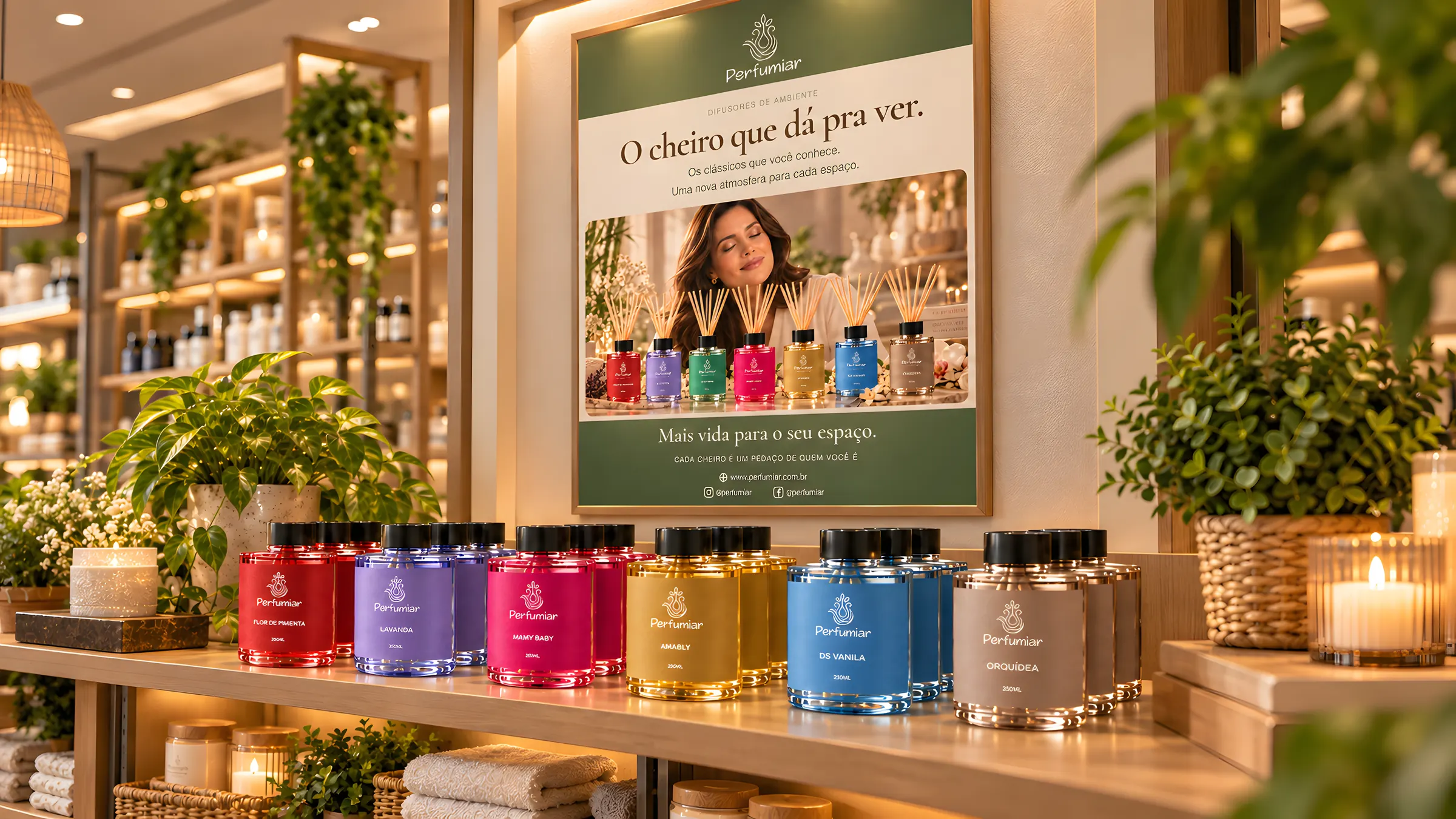 Difusores Perfumiar expostos em uma prateleira de loja